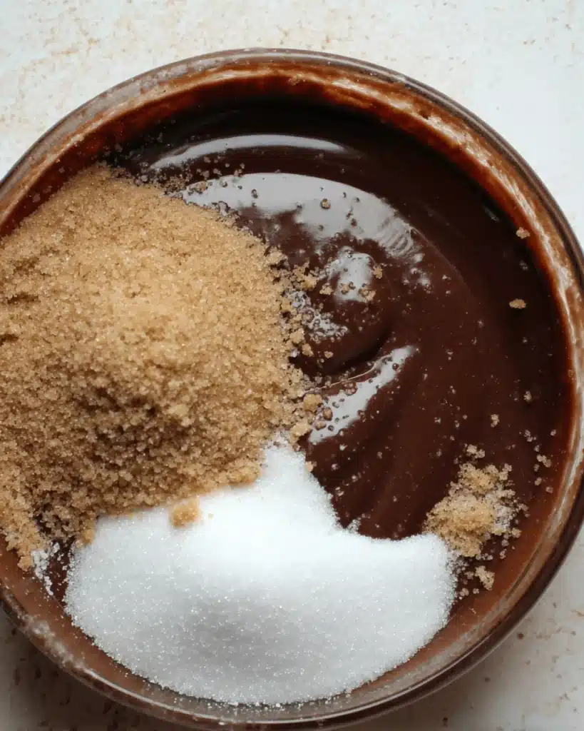 Melted chocolate with white and brown sugar in a glass mixing bowl
