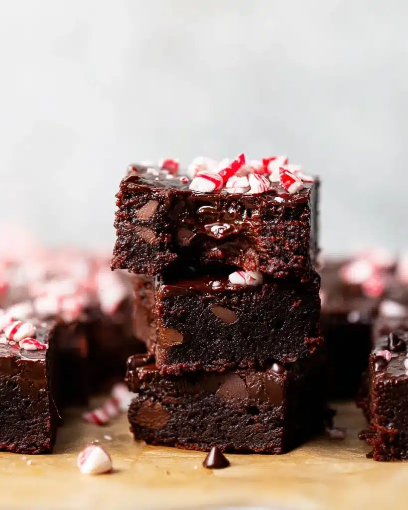Stacked fudgy peppermint brownies with glossy chocolate ganache and crushed candy canes
