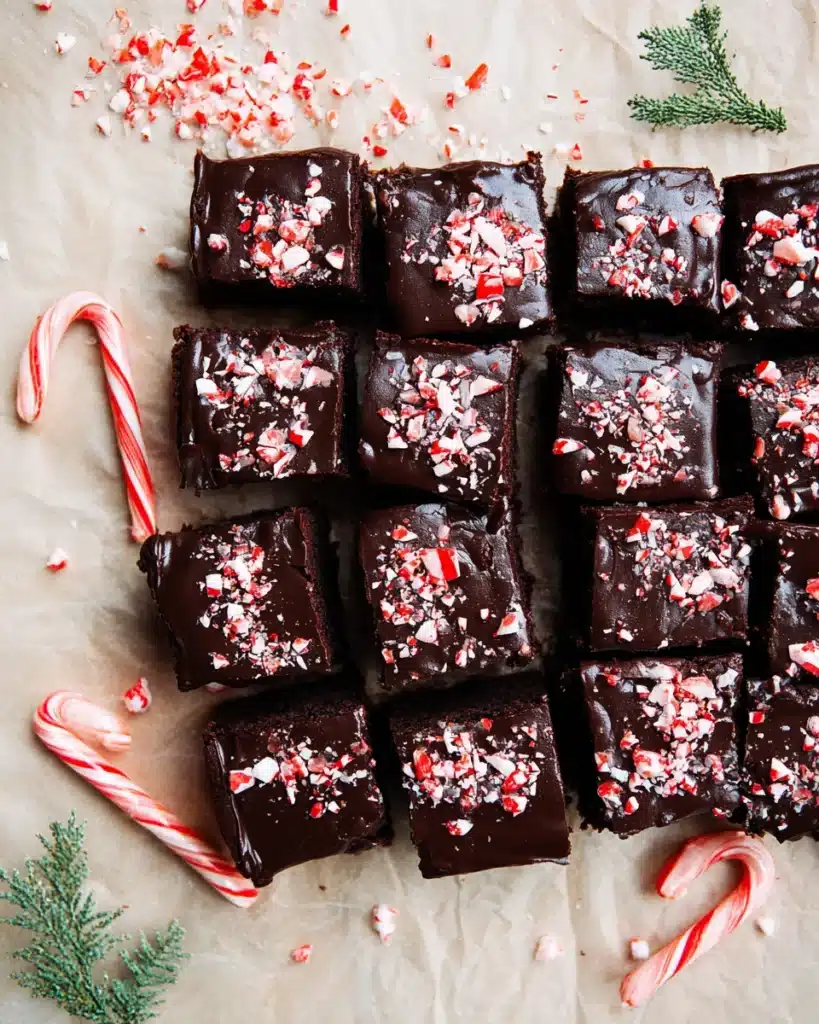 Cut peppermint brownies with chocolate ganache and crushed candy canes on parchment