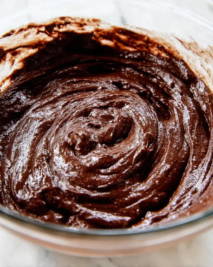 Thick chocolate brownie batter in a glass bowl ready for baking