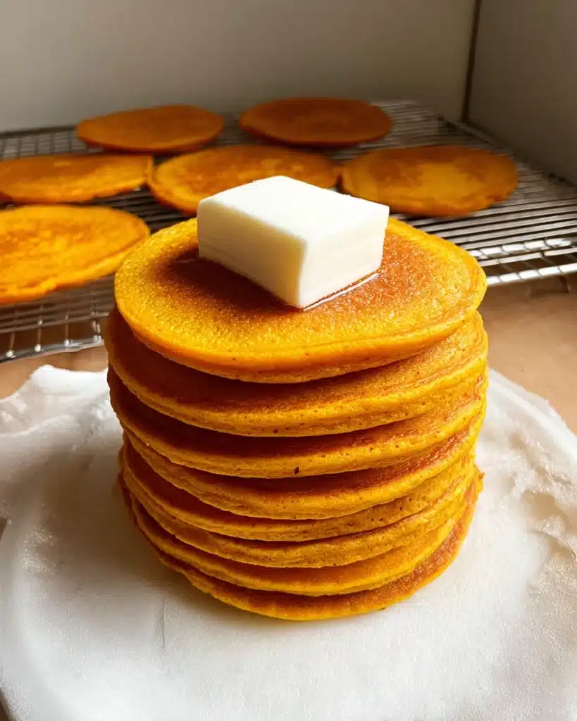 Pumpkin Cottage Cheese Pancakes 4 Stack of pumpkin cottage cheese pancakes with butter on top