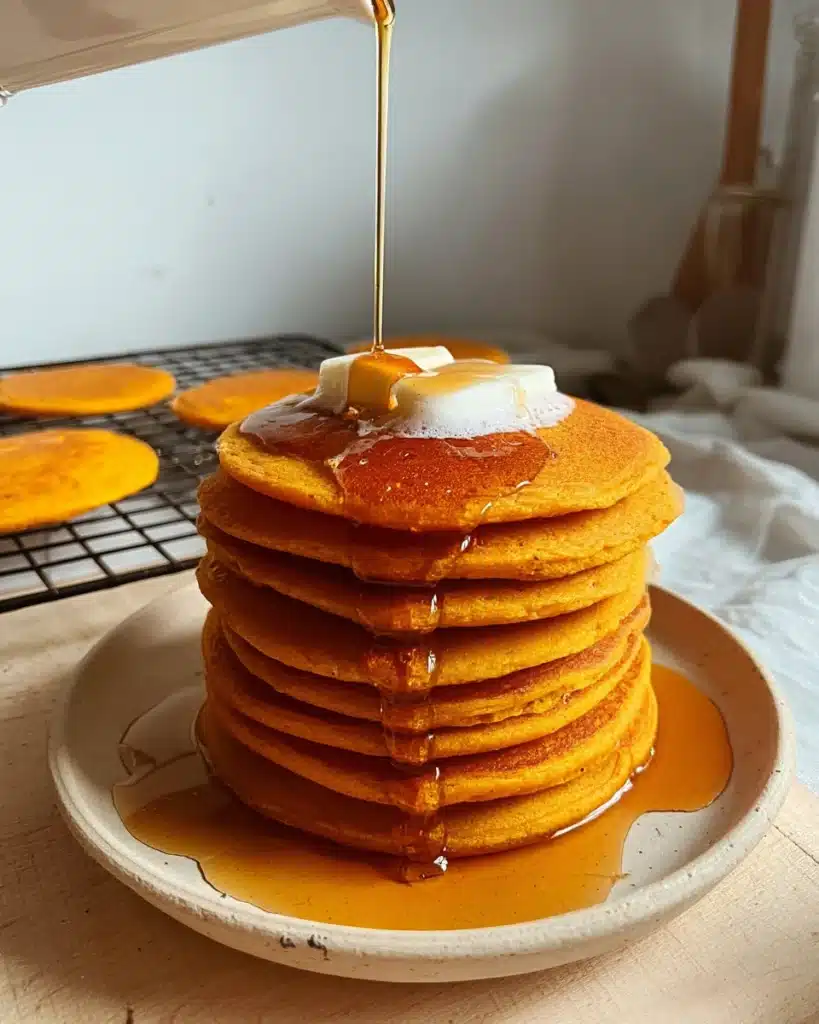 Pumpkin Cottage Cheese Pancakes 1 Fluffy pumpkin pancakes with butter and maple syrup dripping down