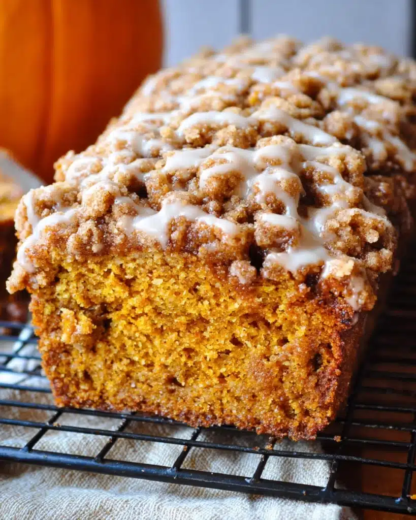 Pumpkin Streusel Bread 1 Freshly baked pumpkin streusel bread loaf with crumb topping and maple glaze
