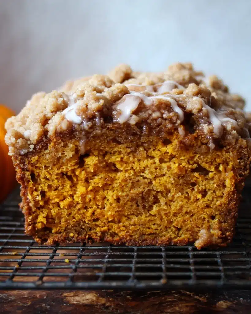 Pumpkin Streusel Bread 2 Moist pumpkin streusel bread with crumbly topping and maple glaze on cooling rack