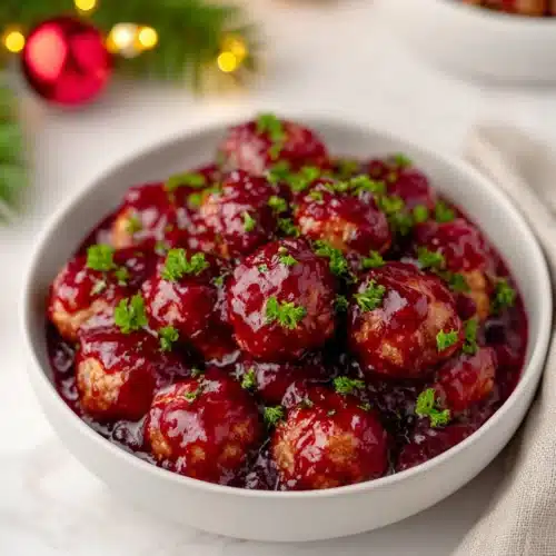 Quick cranberry meatballs in a white bowl topped with parsley for Christmas dinner