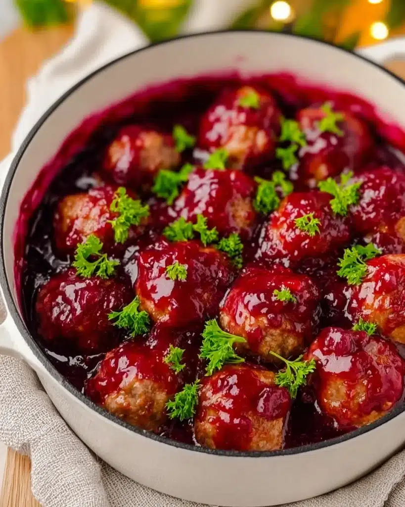 Quick cranberry meatballs simmered in cranberry sauce and topped with parsley