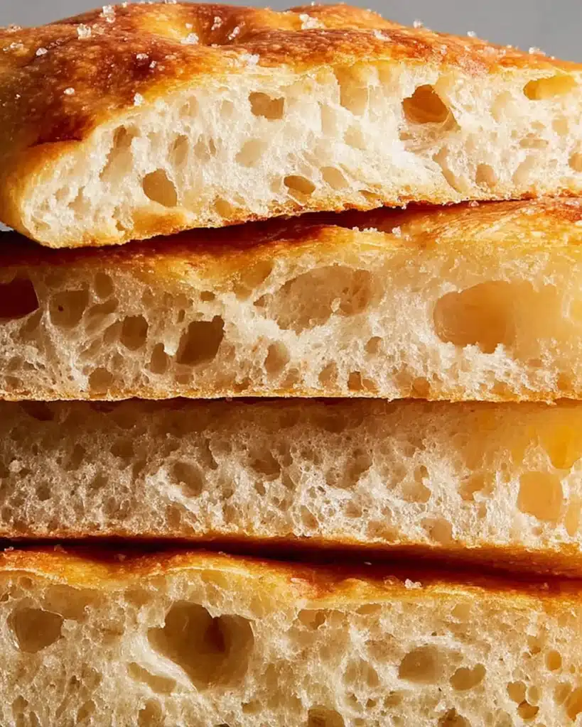 Quick and Dirty Focaccia 7 Sliced golden focaccia bread with airy crumb on wooden board