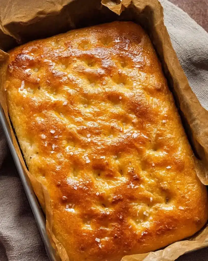 Quick and Dirty Focaccia 2 Golden baked focaccia loaf in parchment-lined pan