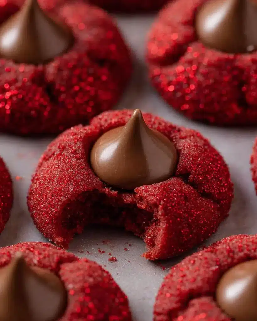 Red Velvet Blossoms Cookies – Soft, Sweet, and Perfectly Festive 7 Freshly baked red velvet blossom cookies with chocolate kisses