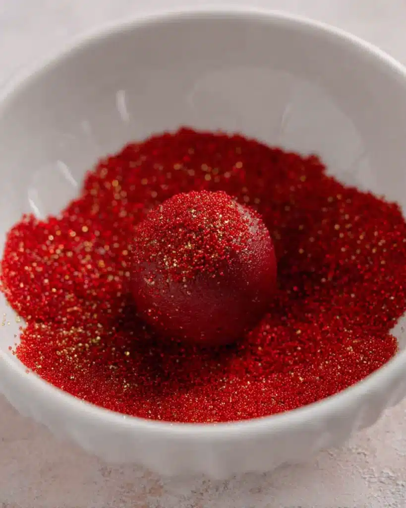 Red Velvet Blossoms Cookies – Soft, Sweet, and Perfectly Festive 5 Red velvet cookie dough ball rolled in red sanding sugar