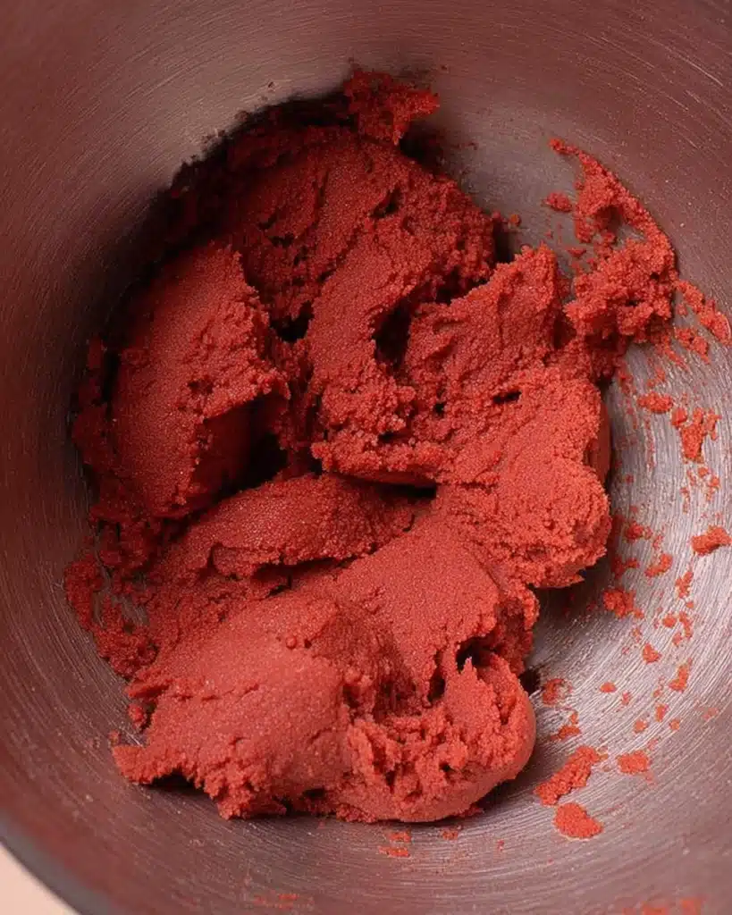 Red Velvet Blossoms Cookies – Soft, Sweet, and Perfectly Festive 4 Red velvet cookie dough mixed in a stainless steel bowl