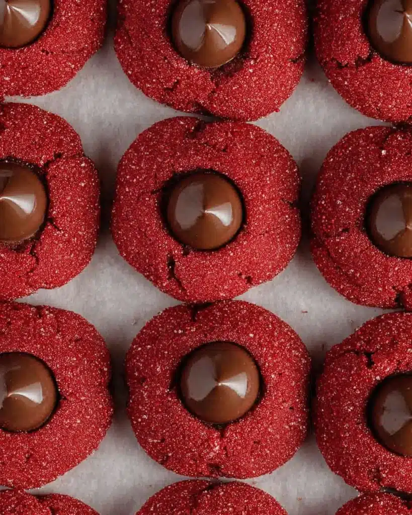 Red Velvet Blossoms Cookies – Soft, Sweet, and Perfectly Festive 2 Red velvet blossom cookies arranged on parchment with chocolate kisses