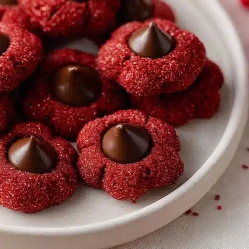 Red Velvet Blossoms Cookies – Soft, Sweet, and Perfectly Festive 8 Red Velvet Blossoms Cookies with chocolate kisses on a white plate