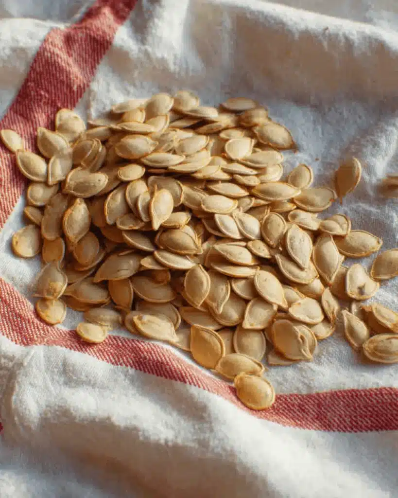 Roasted Pumpkin Seeds Recipe 5 Boiled pumpkin seeds drying on a towel before roasting