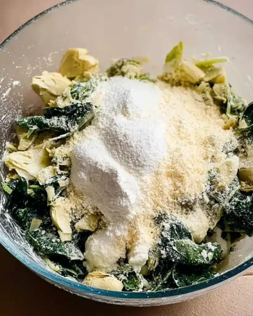 Spinach and Artichoke Wonton Cups 3 Spinach, artichokes, and cheese in glass bowl for wonton cup filling