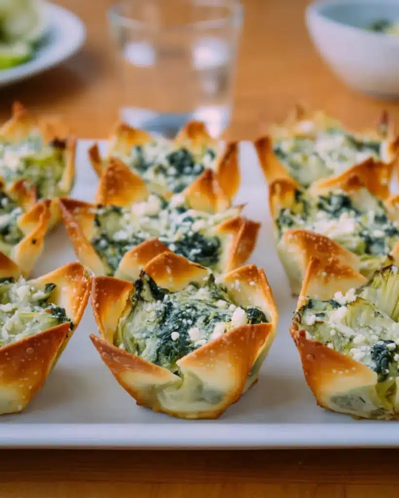 Spinach and Artichoke Wonton Cups 5 Golden spinach and artichoke wonton cups on white plate