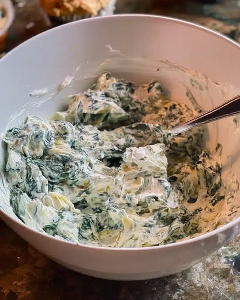Spinach and Artichoke Wonton Cups 4 Creamy spinach and artichoke dip mixture in white bowl