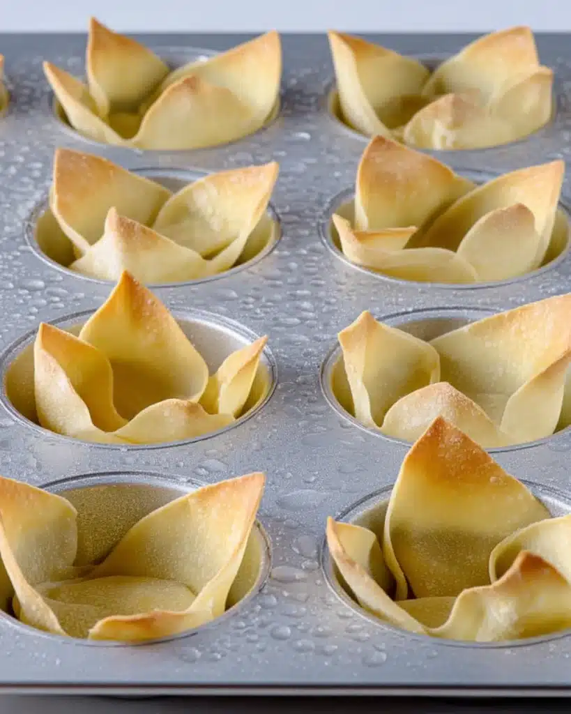 Spinach and Artichoke Wonton Cups 2 Wonton wrappers in muffin tin ready for baking