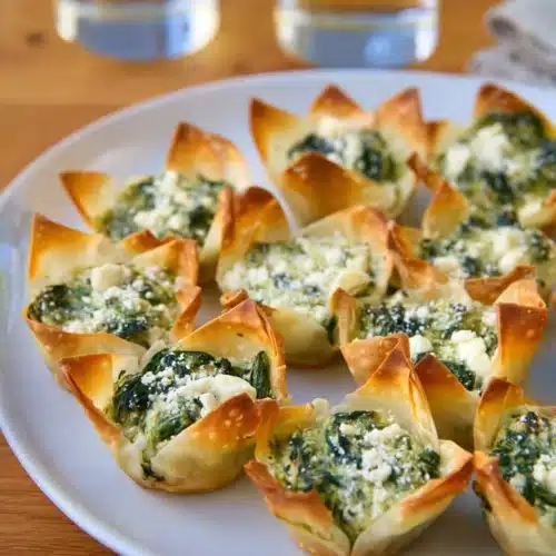 Spinach and Artichoke Wonton Cups 6 Spinach and artichoke wonton cups on white plate with golden crispy edges