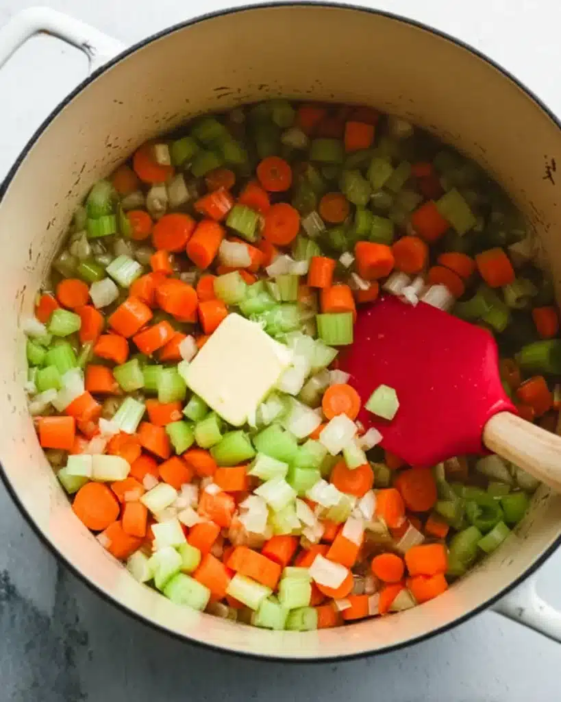 Sausage Potato Soup 3 Sautéing onions, celery, and carrots in butter for sausage potato soup