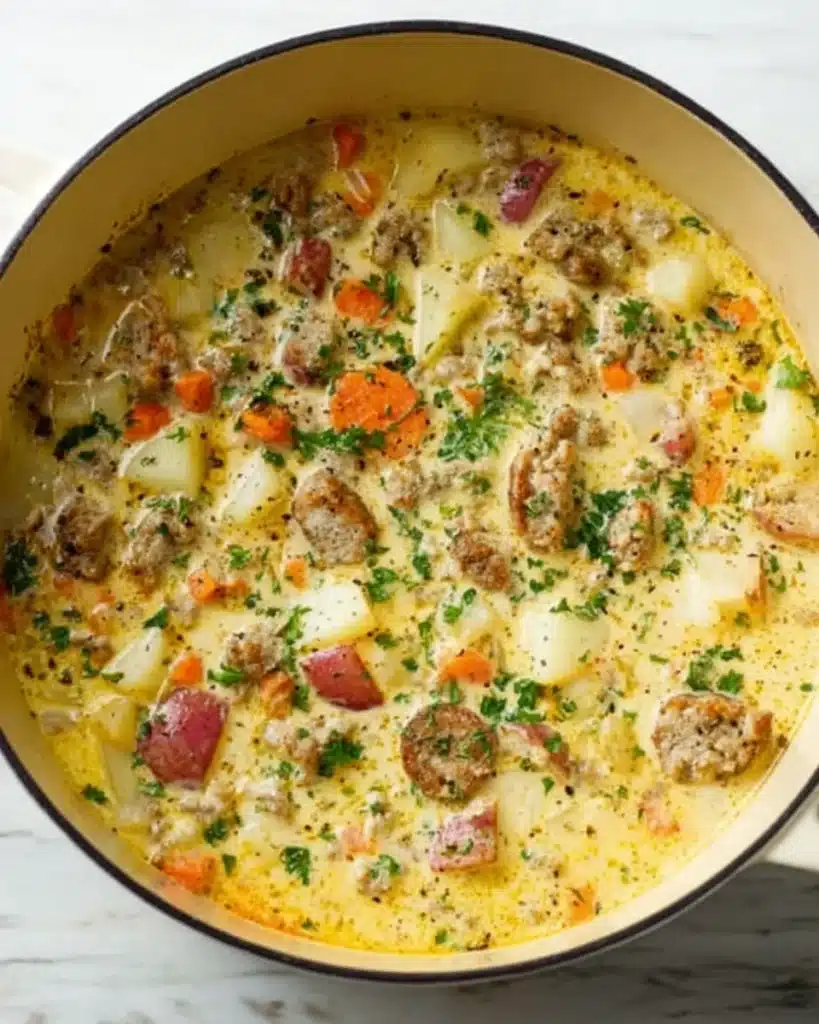 Sausage Potato Soup 7 Creamy sausage potato soup simmering in a pot with potatoes and carrots