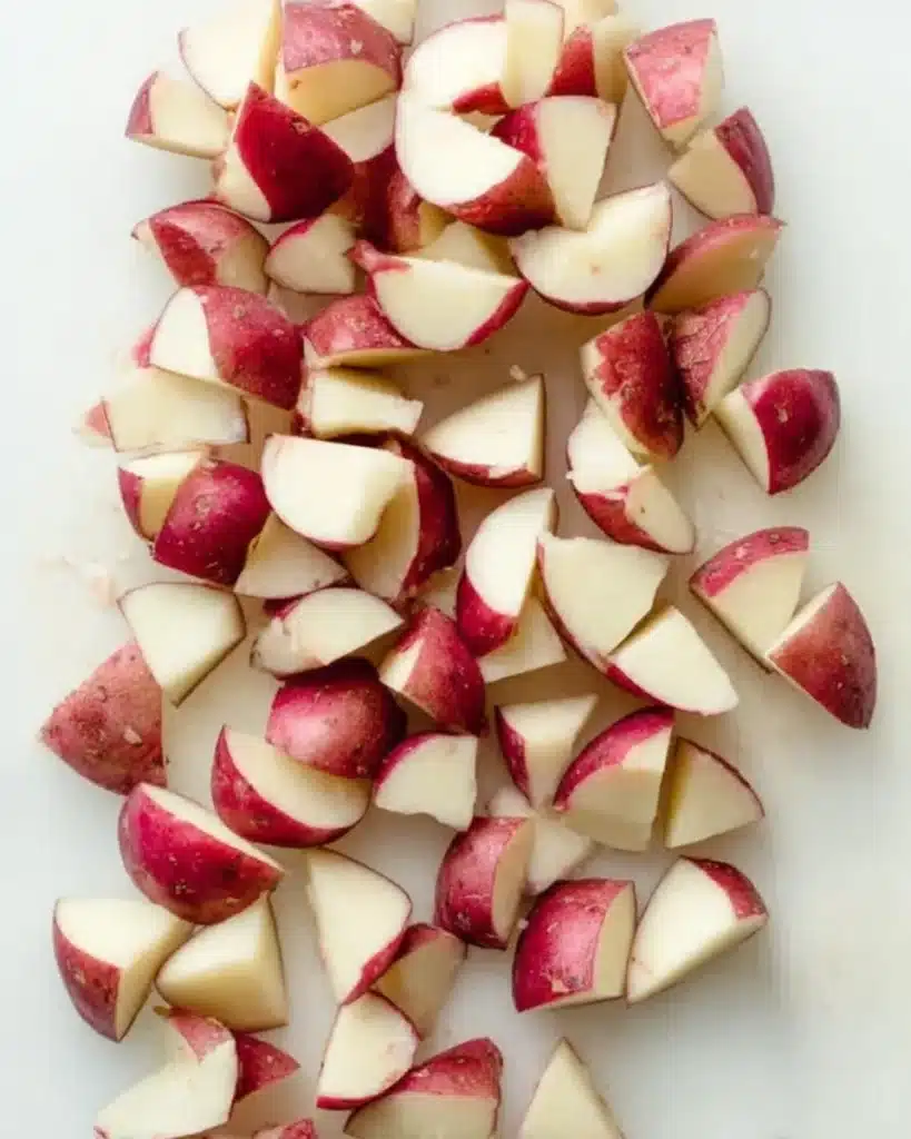 Sausage Potato Soup 6 Chopped red potatoes on a cutting board for sausage potato soup