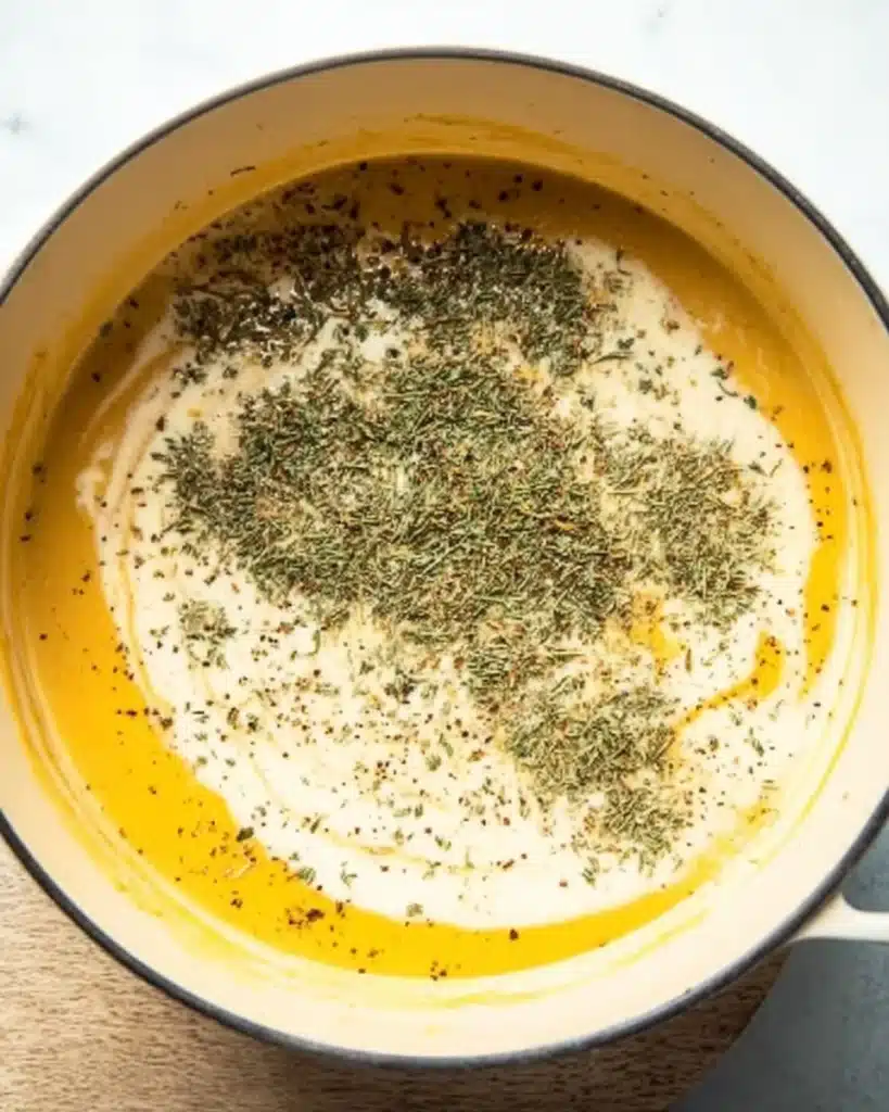 Sausage Potato Soup 5 Adding cream and herbs to soup base for sausage potato soup