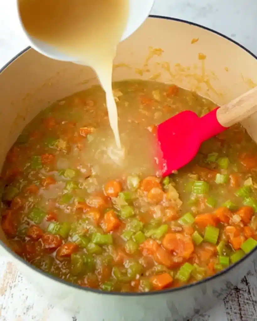 Sausage Potato Soup 4 Pouring chicken broth into pot with sautéed vegetables for sausage potato soup