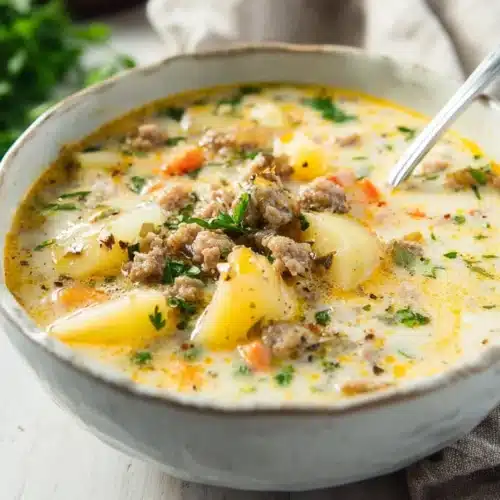 Sausage Potato Soup 9 Creamy sausage potato soup in a bowl topped with cheese and parsley