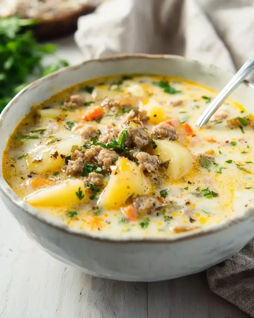 Sausage Potato Soup 1 Creamy sausage potato soup in a bowl topped with cheese and parsley