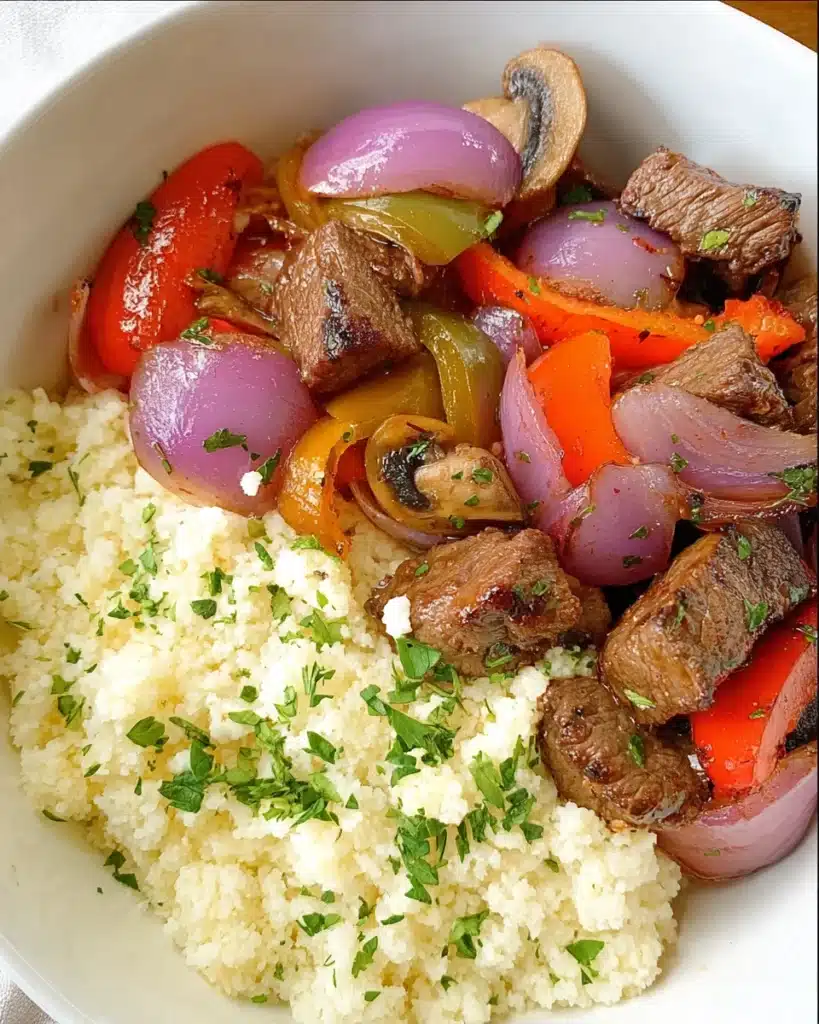 Sheet pan beef kebabs served with cauliflower rice and herbs