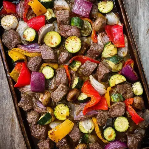 Sheet pan beef kebabs with roasted vegetables in savory marinade