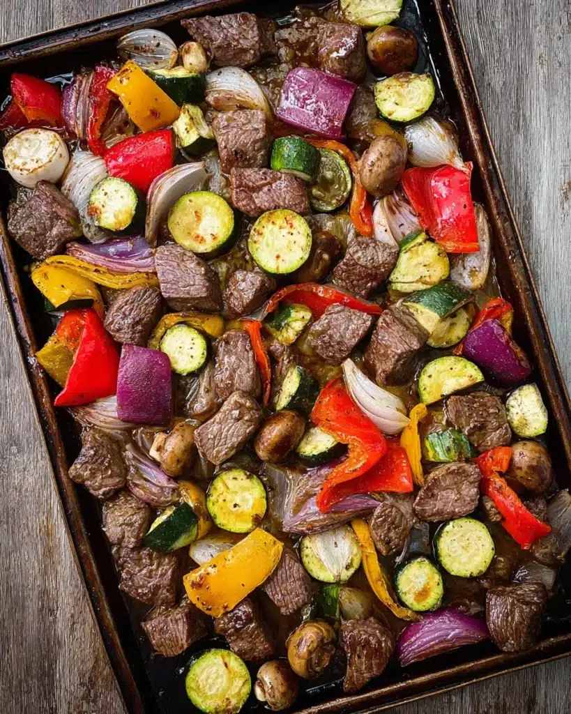 Sheet pan beef kebabs with roasted vegetables in savory marinade