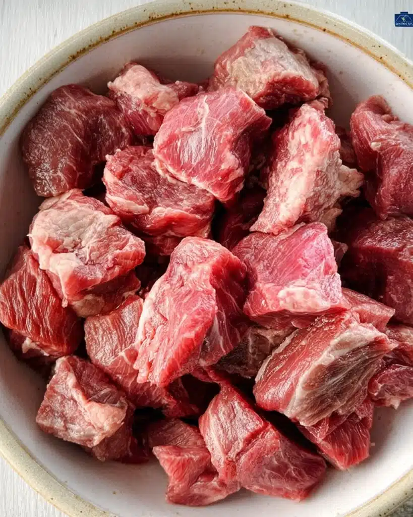 Raw beef sirloin cubes in a bowl for sheet pan beef kebabs