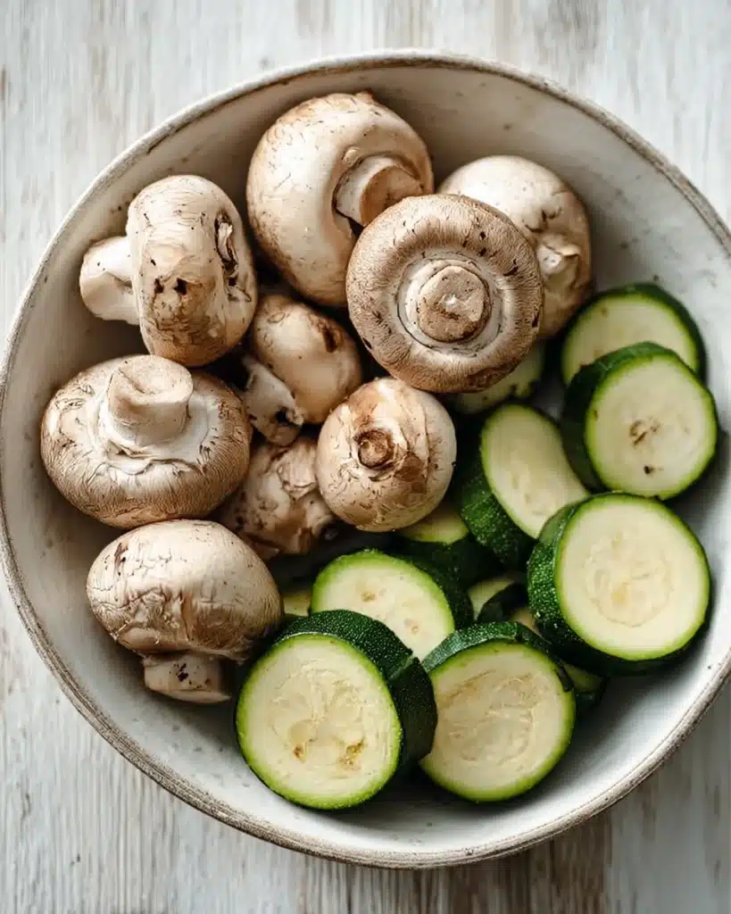 Fresh mushrooms and zucchini in a bowl for sheet pan beef kebabs
