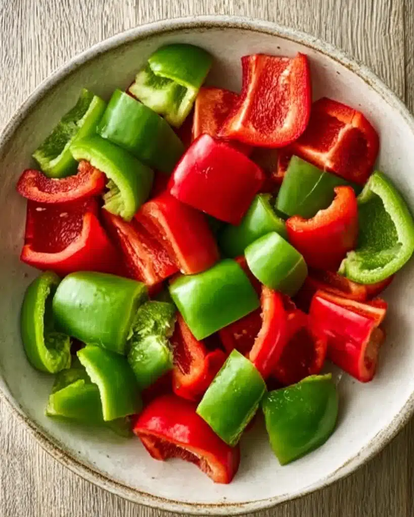 Fresh red and green bell peppers in a bowl for sheet pan beef kebabs