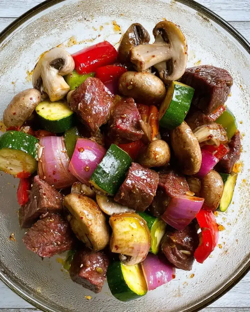 Beef cubes and vegetables marinated in a glass bowl for sheet pan beef kebabs