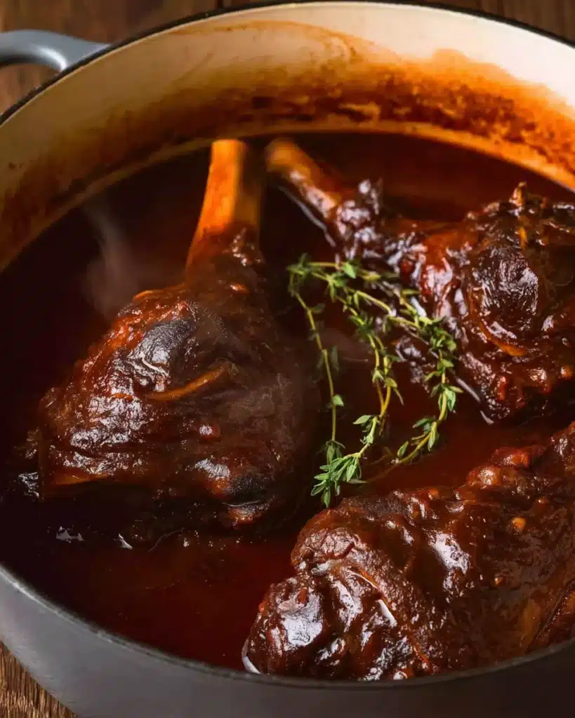 Braised slow cooked lamb shanks in red wine sauce with thyme in a pot