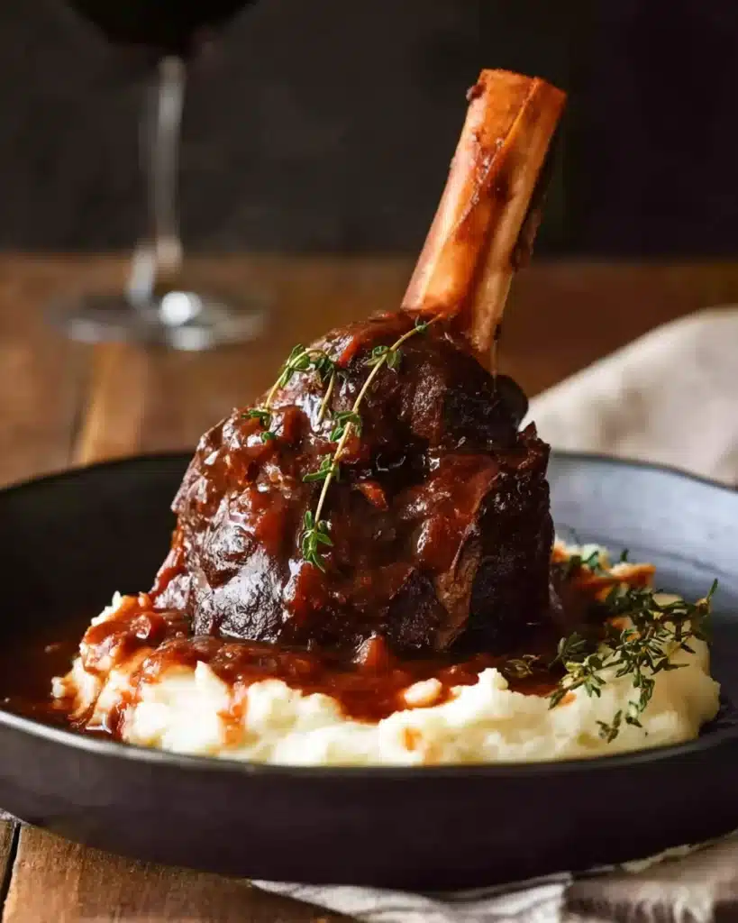 Slow cooked lamb shank in red wine sauce served over creamy mashed potatoes