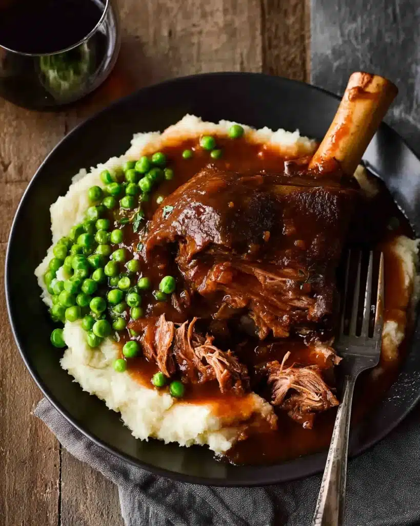 Slow cooked lamb shank with red wine sauce served with mashed potatoes and peas