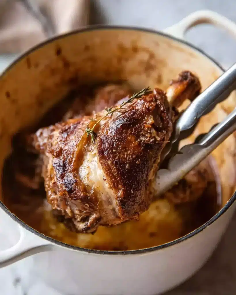 Searing lamb shank in a Dutch oven for slow cooked lamb recipe