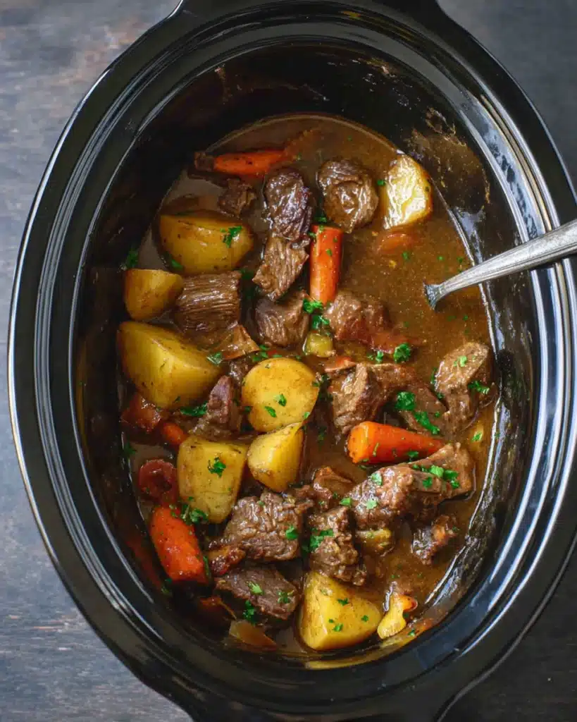 Slow Cooker Beef Stew – Easy, Comforting, and Full of Flavor 2 Slow cooker beef stew in a black crockpot with beef, potatoes, and carrots