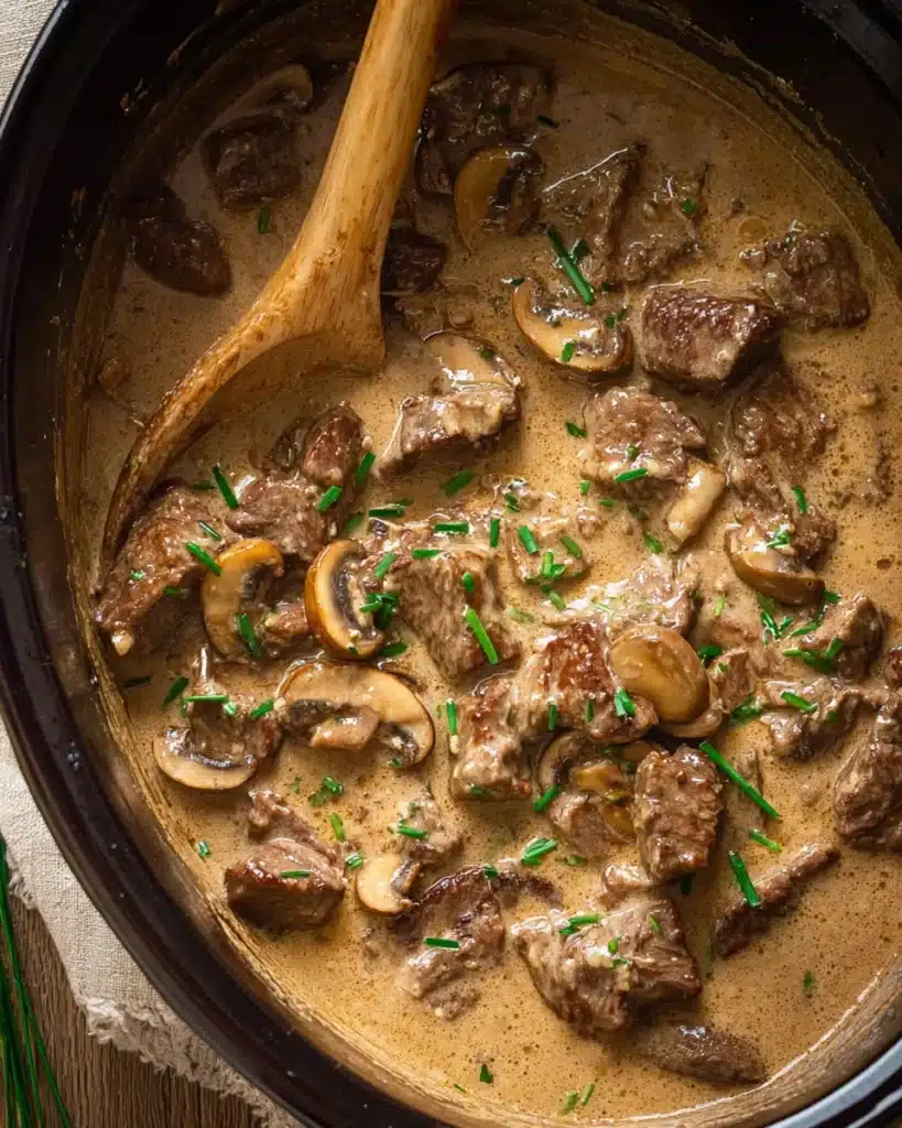 Creamy slow cooker beef stroganoff stew with mushrooms and chives