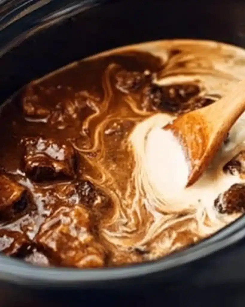 Stirring sour cream into beef stroganoff stew in a pot