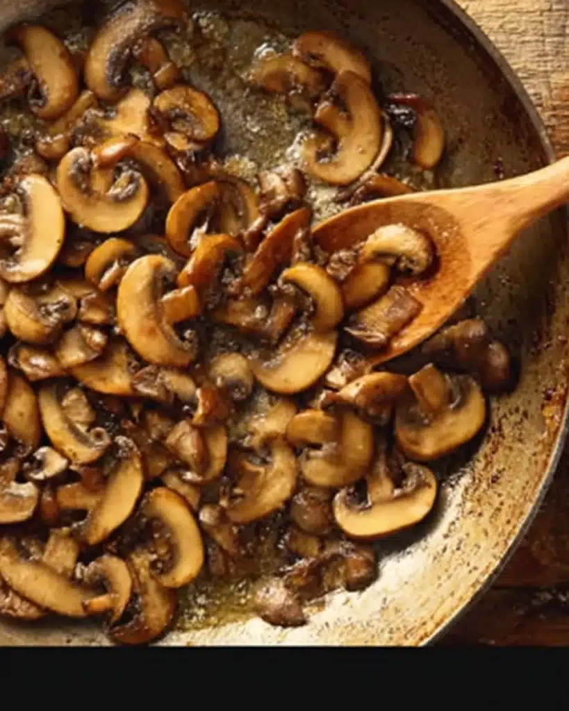 Golden sautéed mushrooms in a skillet for beef stroganoff stew