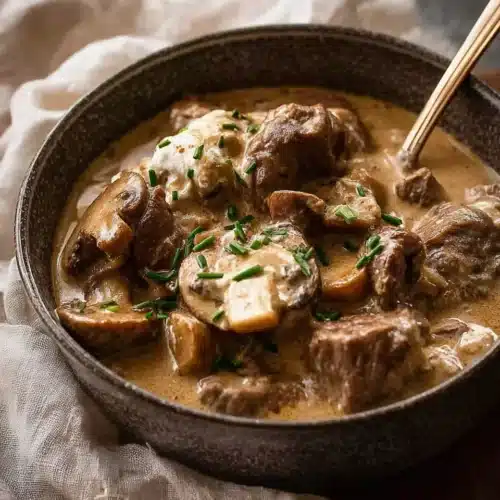 Slow cooker beef stroganoff stew in a rustic bowl with mushrooms and creamy sauce