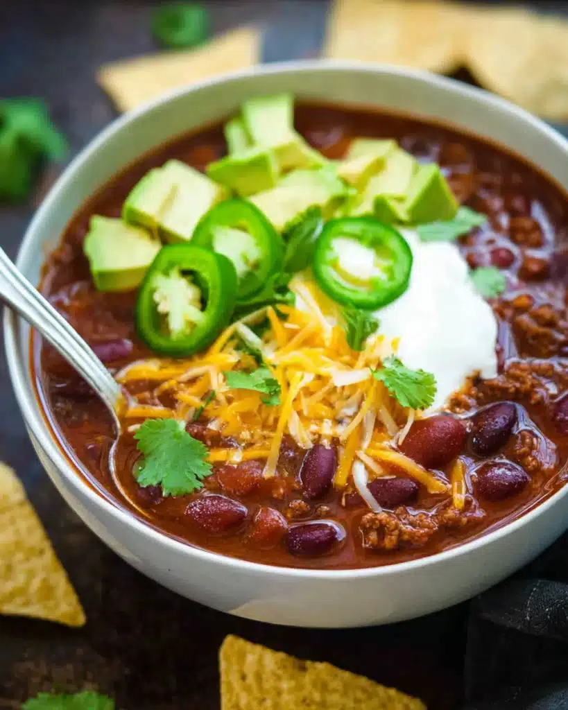 Slow Cooker Chili Recipe 4 Bowl of slow cooker chili topped with avocado, cheese, sour cream, and jalapeños