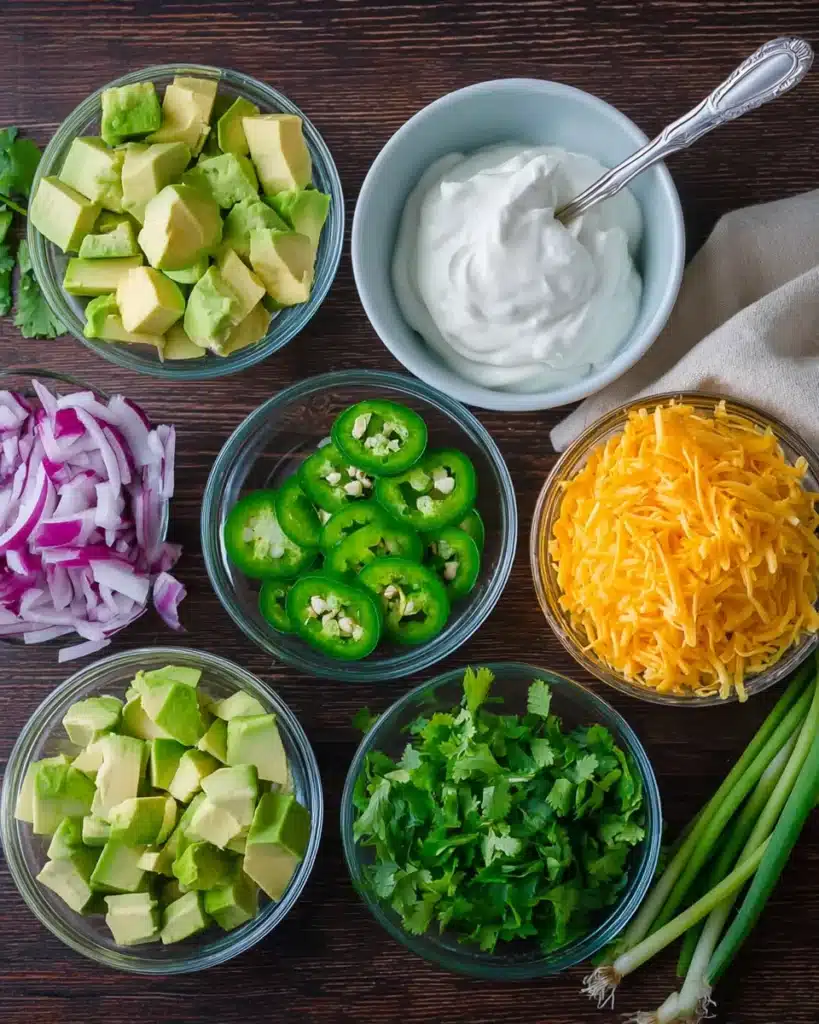 Slow Cooker Chili Recipe 5 Chili toppings with avocado, cheese, sour cream, jalapeños, and onions
