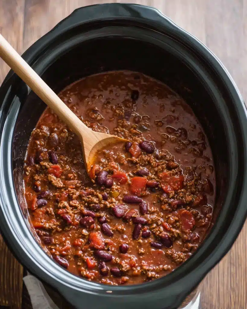 Slow Cooker Chili Recipe 2 Slow cooker chili recipe with ground beef and beans in crockpot