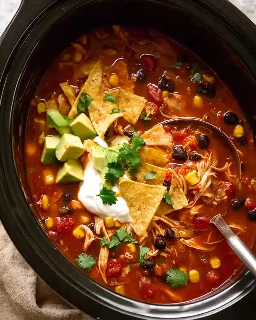 Slow cooker Mexican chicken soup with avocado, sour cream, and tortilla chips in a pot